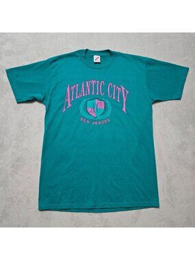VTG Jerzees Atlantic City New Jersey Retro Teal Graphic T-Shirt Large USA Made